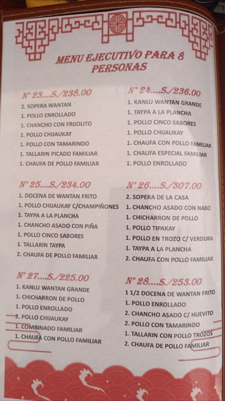 Menús ejecutivos para 8 personas, del N.º 23 al 28