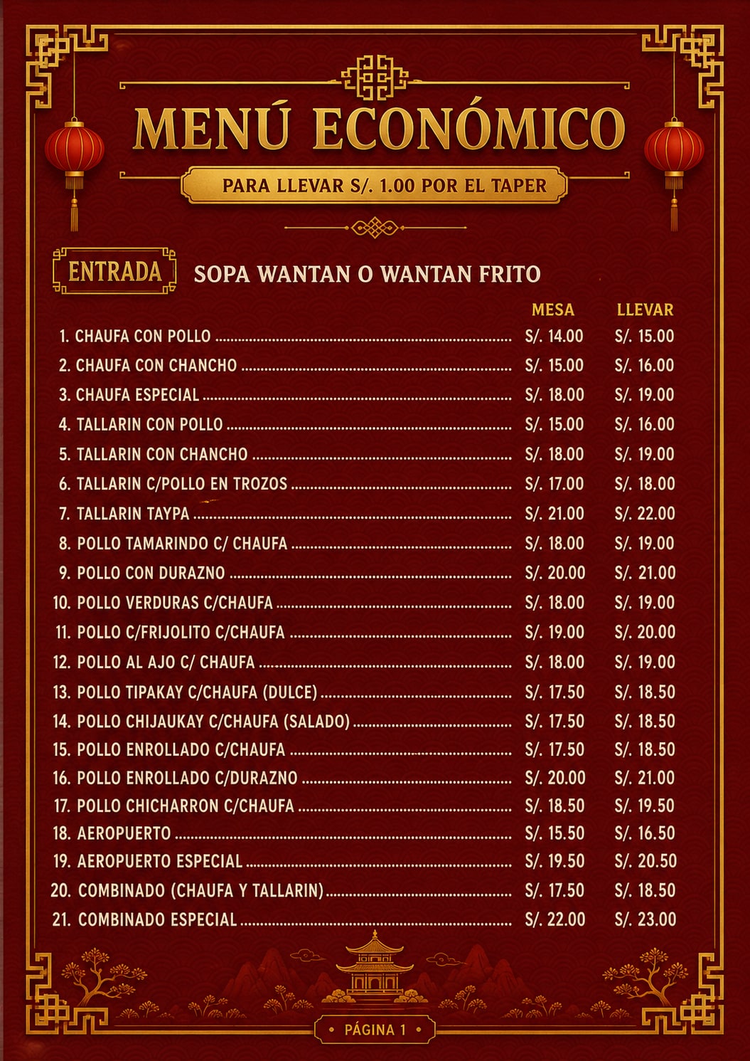 Menú Económico, página 1: los platos 1 al 21, con su precio de mesa y de llevar