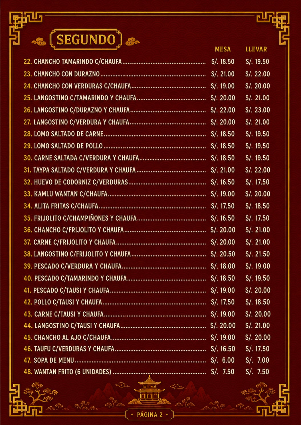 Menú Económico, página 2: los platos 22 al 48, bajo el rótulo «SEGUNDO»
