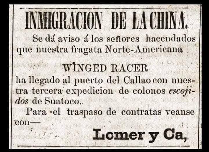 Aviso de prensa del siglo XIX titulado «Inmigración de la China», que anuncia la llegada de la fragata Winged Racer al puerto del Callao.